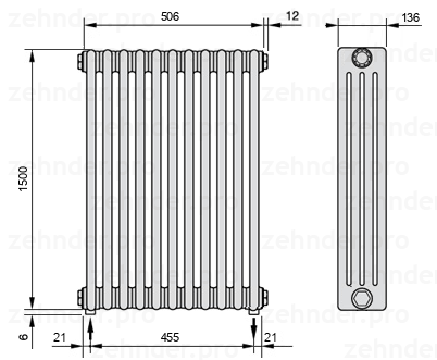 Схема (чертеж) Радиатор Zehnder Charleston 4150/11 №5310 Белый глянцевый RAL 9016